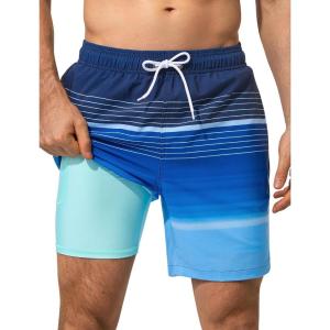 image:imageSILKWORLD Swim Trunks Men 7 Inch Bathing Suits Zipper Pockets Swimming Shorts for Vacation Pool Beach Surfing CasualStripes Navy Blue