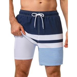 image:imageSILKWORLD Swim Trunks Men 7 Inch Bathing Suits Zipper Pockets Swimming Shorts for Vacation Pool Beach Surfing CasualStripes Navy White Blue