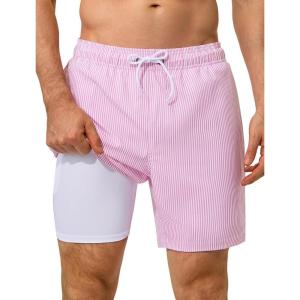 image:imageSILKWORLD Swim Trunks Men 7 Inch Bathing Suits Zipper Pockets Swimming Shorts for Vacation Pool Beach Surfing CasualStripes Pink White