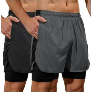 image:imageSILKWORLD Mens Running Stretch Shorts 2 in 1 Gym Workout Shorts Quick Dry Stretch Athletic Shorts with PocketsBlackdark Gray