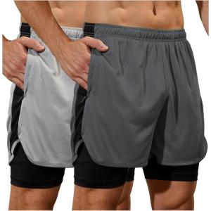 image:imageSILKWORLD Mens Running Stretch Shorts 2 in 1 Gym Workout Shorts Quick Dry Stretch Athletic Shorts with PocketsDark Graylight Grey