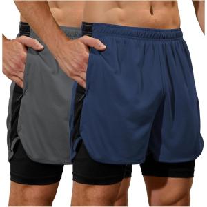 image:imageSILKWORLD Mens Running Stretch Shorts 2 in 1 Gym Workout Shorts Quick Dry Stretch Athletic Shorts with PocketsNavydark Gray