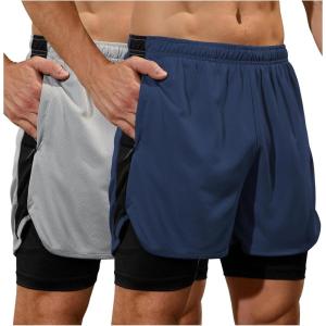 image:imageSILKWORLD Mens Running Stretch Shorts 2 in 1 Gym Workout Shorts Quick Dry Stretch Athletic Shorts with PocketsNavylight Grey