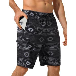 image:imageSILKWORLD Mens Swim Trunks 9 inch Quick Dry Bathing Suit with Mesh Liner Long Swimming Beach Shorts with Zipper PocketsBlackgray Pattern