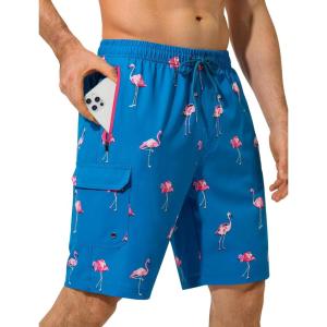 image:imageSILKWORLD Mens Swim Trunks 9 inch Quick Dry Bathing Suit with Mesh Liner Long Swimming Beach Shorts with Zipper PocketsLake Bluepink Flamingo