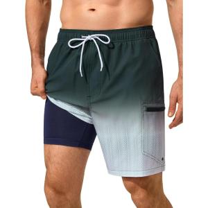 image:imageSILKWORLD Mens Swim Trunks Quick Dry Compression Liner Shorts 7 Inch Bathing Suit 2 in 1 Swimwear with Cargo PocketsBlack Gradient Wavy