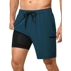 image:imageSILKWORLD Mens Swim Trunks Quick Dry Compression Liner Shorts 7 Inch Bathing Suit 2 in 1 Swimwear with Cargo PocketsCobalt Blue