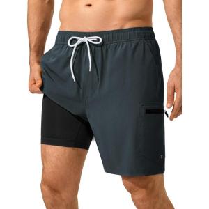 image:imageSILKWORLD Mens Swim Trunks Quick Dry Compression Liner Shorts 7 Inch Bathing Suit 2 in 1 Swimwear with Cargo PocketsDark Gray