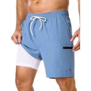 image:imageSILKWORLD Mens Swim Trunks Quick Dry Compression Liner Shorts 7 Inch Bathing Suit 2 in 1 Swimwear with Cargo PocketsHaze Blue