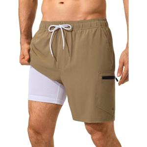 image:imageSILKWORLD Mens Swim Trunks Quick Dry Compression Liner Shorts 7 Inch Bathing Suit 2 in 1 Swimwear with Cargo PocketsKhaki