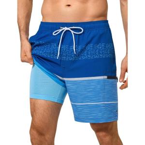 image:imageSILKWORLD Mens Swim Trunks Quick Dry Compression Liner Shorts 7 Inch Bathing Suit 2 in 1 Swimwear with Cargo PocketsNavy Blue Gradient