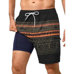 image:imageSILKWORLD Mens Swim Trunks Quick Dry Compression Liner Shorts 7 Inch Bathing Suit 2 in 1 Swimwear with Cargo PocketsTotem Fish