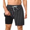 image:imageSILKWORLD Mens Swim Trunks with Compression Liner Seersucker 2 in 1 Quick Dry Bathing Suit 7 Inch Swim Shorts SwimwearBlack Stripe