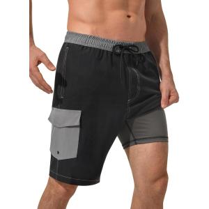 image:imageSILKWORLD Mens Swim Trunks with Compression Liner 9 Inch QuickDry Bathing Suit Beach Cargo Shorts with Zipper PocketsCblack and Grey