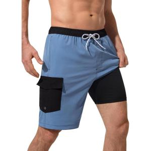 image:imageSILKWORLD Mens Swim Trunks with Compression Liner 9 Inch QuickDry Bathing Suit Beach Cargo Shorts with Zipper PocketsCdusty Blue and Black
