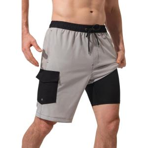 image:imageSILKWORLD Mens Swim Trunks with Compression Liner 9 Inch QuickDry Bathing Suit Beach Cargo Shorts with Zipper PocketsCgrey and Black