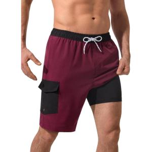 image:imageSILKWORLD Mens Swim Trunks with Compression Liner 9 Inch QuickDry Bathing Suit Beach Cargo Shorts with Zipper PocketsCwine Red and Black