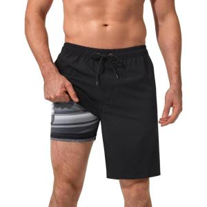 image:imageSILKWORLD Mens Swim Trunks with Compression Liner 9 Inch QuickDry Bathing Suit Beach Cargo Shorts with Zipper PocketsFblack and Grey Striped