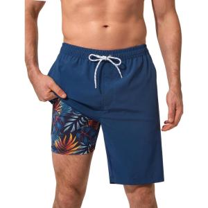 image:imageSILKWORLD Mens Swim Trunks with Compression Liner 9 Inch QuickDry Bathing Suit Beach Cargo Shorts with Zipper PocketsFblue and Orange Leaf