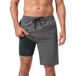 image:imageSILKWORLD Mens Swim Trunks with Compression Liner 9 Inch QuickDry Bathing Suit Beach Cargo Shorts with Zipper PocketsFpalm Tree