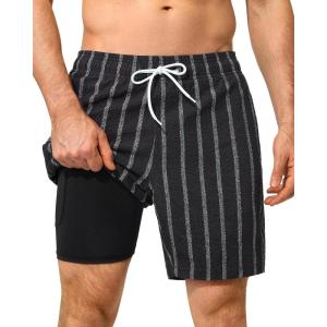image:imageSILKWORLD Mens Swim Trunks with Compression Liner Seersucker 2 in 1 Quick Dry Bathing Suit 7 Inch Swim Shorts SwimwearBlack Stripe