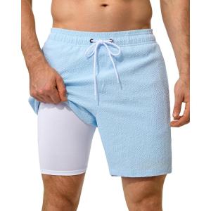 image:imageSILKWORLD Mens Swim Trunks with Compression Liner Seersucker 2 in 1 Quick Dry Bathing Suit 7 Inch Swim Shorts SwimwearBlue