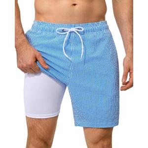 image:imageSILKWORLD Mens Swim Trunks with Compression Liner Seersucker 2 in 1 Quick Dry Bathing Suit 7 Inch Swim Shorts SwimwearBlue Stripe