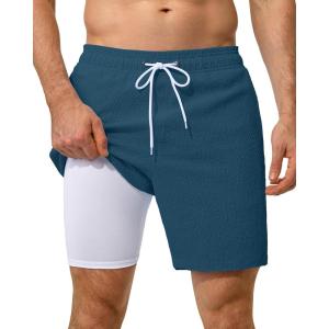 image:imageSILKWORLD Mens Swim Trunks with Compression Liner Seersucker 2 in 1 Quick Dry Bathing Suit 7 Inch Swim Shorts SwimwearCopenblue