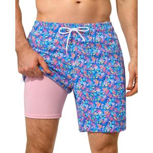 image:imageSILKWORLD Mens Swim Trunks with Compression Liner Seersucker 2 in 1 Quick Dry Bathing Suit 7 Inch Swim Shorts SwimwearFlower