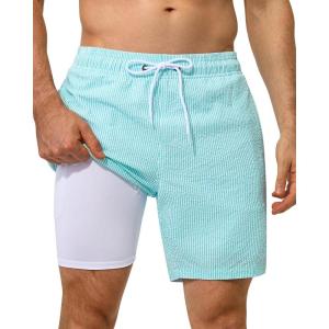 image:imageSILKWORLD Mens Swim Trunks with Compression Liner Seersucker 2 in 1 Quick Dry Bathing Suit 7 Inch Swim Shorts SwimwearGreen Stripe