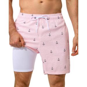 image:imageSILKWORLD Mens Swim Trunks with Compression Liner Seersucker 2 in 1 Quick Dry Bathing Suit 7 Inch Swim Shorts SwimwearPink Anchor
