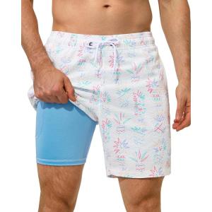 image:imageSILKWORLD Mens Swim Trunks with Compression Liner Seersucker 2 in 1 Quick Dry Bathing Suit 7 Inch Swim Shorts SwimwearWhite Pineapple