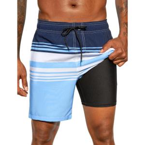 image:imageSILKWORLD Mens Swim Trunks Quick Dry Compression Liner 2 in 1 Shorts Men SwimsuitBlue Stripes White