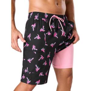 image:imageSILKWORLD Mens Swim Trunks with Compression Liner 9 Quick Dry Bathing Suit Long Swimming Shorts with Zipper Cargo PocketsBlack With Pink Palms