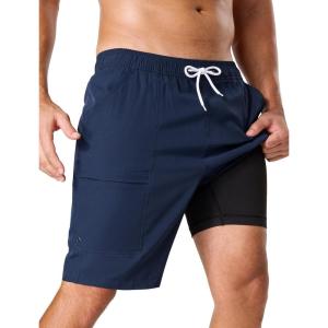 image:imageSILKWORLD Mens Swim Trunks with Compression Liner 9 Quick Dry Bathing Suit Long Swimming Shorts with Zipper Cargo PocketsNavy