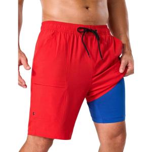 image:imageSILKWORLD Mens Swim Trunks with Compression Liner 9 Quick Dry Bathing Suit Long Swimming Shorts with Zipper Cargo PocketsRed