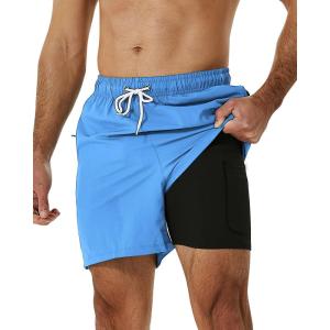 image:imageSILKWORLD Mens Swimming Trunks with Compression Liner 2 in 1 QuickDry Swim Shorts with Zipper PocketsBonnie Blue