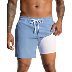 image:imageSILKWORLD Mens Swimming Trunks with Compression Liner 2 in 1 QuickDry Swim Shorts with Zipper PocketsHaze Blue