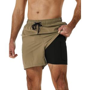 image:imageSILKWORLD Mens Swimming Trunks with Compression Liner 2 in 1 QuickDry Swim Shorts with Zipper PocketsKhaki