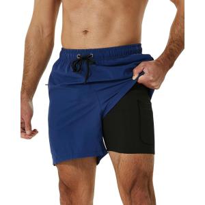 image:imageSILKWORLD Mens Swimming Trunks with Compression Liner 2 in 1 QuickDry Swim Shorts with Zipper PocketsLight Navy