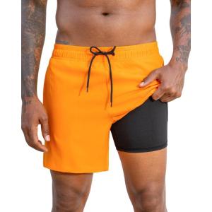 image:imageSILKWORLD Mens Swimming Trunks with Compression Liner 2 in 1 QuickDry Swim Shorts with Zipper PocketsOrange