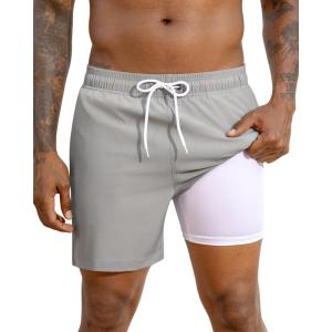 image:imageSILKWORLD Mens Swimming Trunks with Compression Liner 2 in 1 QuickDry Swim Shorts with Zipper PocketsSilver Gray