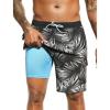 image:imageSILKWORLD Mens Swim Trunks with Compression Liner Quick Dry Bathing Suits 9 Inch Swimming Shorts with Cargo PocketsZ0 Black Grey Leaf