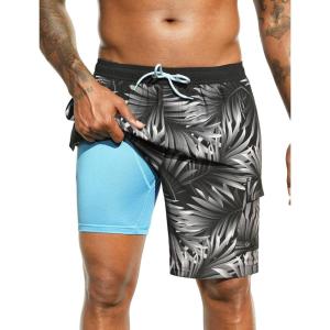 image:imageSILKWORLD Mens Swim Trunks with Compression Liner Quick Dry Bathing Suits 9 Inch Swimming Shorts with Cargo PocketsZ0 Black Grey Leaf