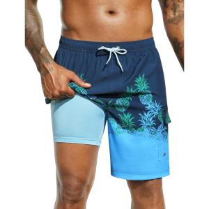 image:imageSILKWORLD Mens Swim Trunks with Compression Liner Quick Dry Bathing Suits 9 Inch Swimming Shorts with Cargo PocketsZ0 Blue Pineapple