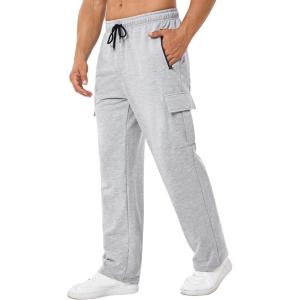image:imageSILKWORLD Cargo Sweatpants for Men Athletic Joggers Straight Leg Pant Workout Gym Yoga Pants with Multi Zipper Pockets Light Grey Small