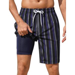 image:imageSILKWORLD Mens Swim Trunks with Compression Liner 2 in 1 Quick Dry Bathing Suit NoChafing Beach Shorts with Zipper PocketsStripes BBlack  Plum Vertical