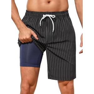 image:imageSILKWORLD Mens Swim Trunks with Compression Liner 2 in 1 Quick Dry Bathing Suit NoChafing Beach Shorts with Zipper PocketsStripes BBlack Thin White Vertical