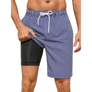 image:imageSILKWORLD Mens Swim Trunks with Compression Liner 2 in 1 Quick Dry Bathing Suit NoChafing Beach Shorts with Zipper PocketsStripes BNavy Thin White Vertical