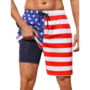image:imageSILKWORLD Mens Swim Trunks with Compression Liner 2 in 1 Quick Dry Bathing Suit NoChafing Beach Shorts with Zipper PocketsStripes aAmerican Flag